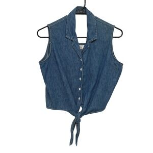 90s‎ Denim Tie Front Vest L Blue Cottagecore Country Western Revival Americana